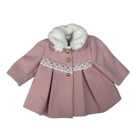 Dolce Petit Baby Pink Coat With Fur Collar & Lace Trim For 3 Months